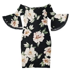 Black Floral Off-Shoulder Bell-Sleeve Bodycon Dress